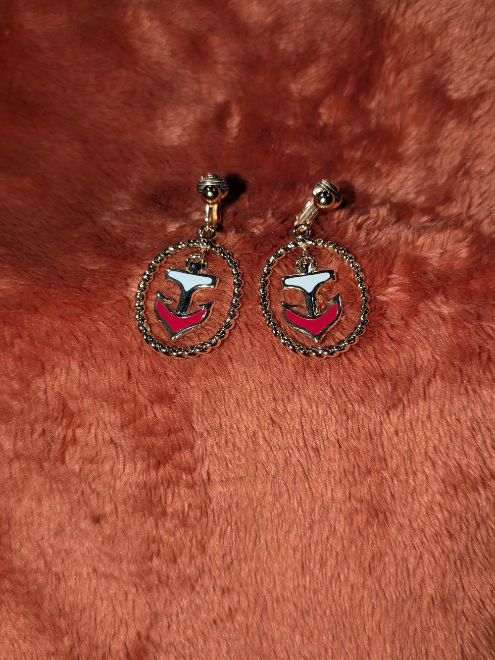 Gold-Tone Red Enamel Anchor Drop Earrings - Women Jewelry